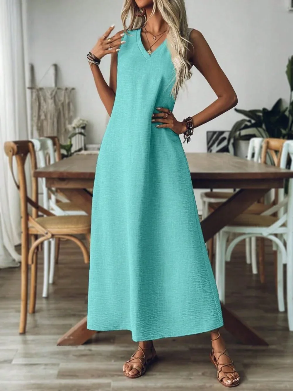 Mint Blue Casual Women's V-Neck Sleeveless Loose Comfortable Maxi Dress